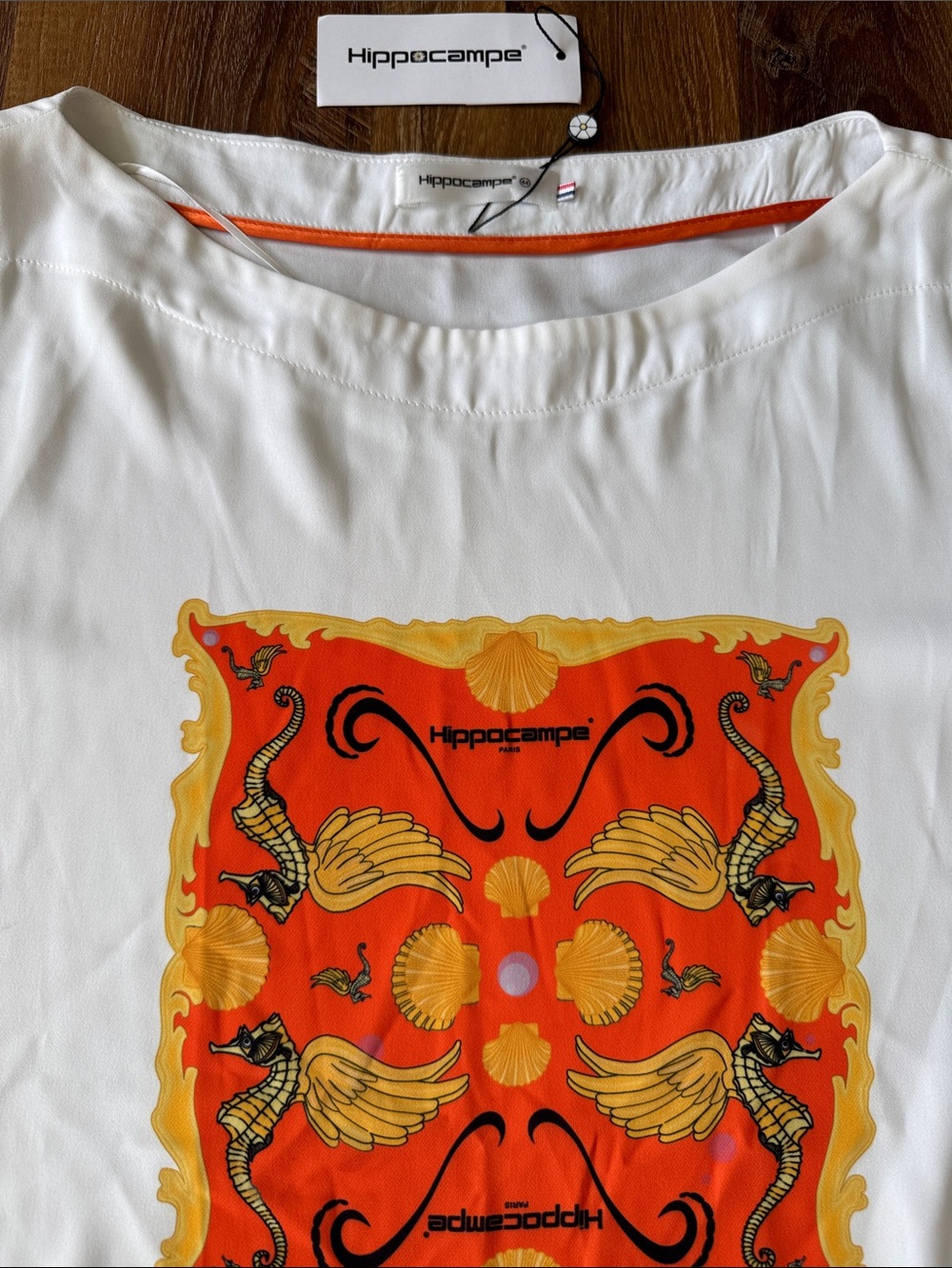 Designed in Paris Women's Hippocampe white Blouse with Orange Nautical Print